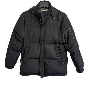 Kenneth Cole Mens Hooded Black Puffer Coat M Zipper Snap Closure 60/40 Down/Fowl